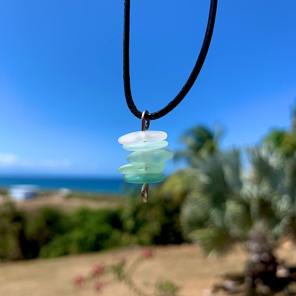 *SOLD* Stacked gradient blues sea glass necklace - Picture 1 of 5